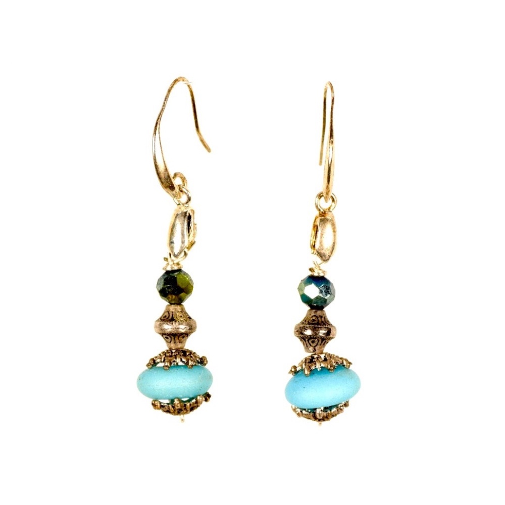 Aquamarine Seaglass Silver Ornament Earrings